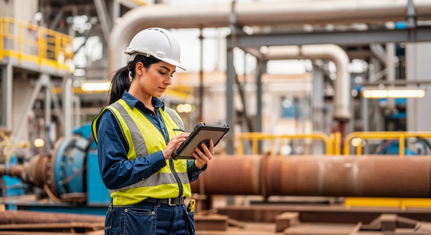 Engenheira industrial com tablet — setor atendido pela contabilidade para indústrias no RS